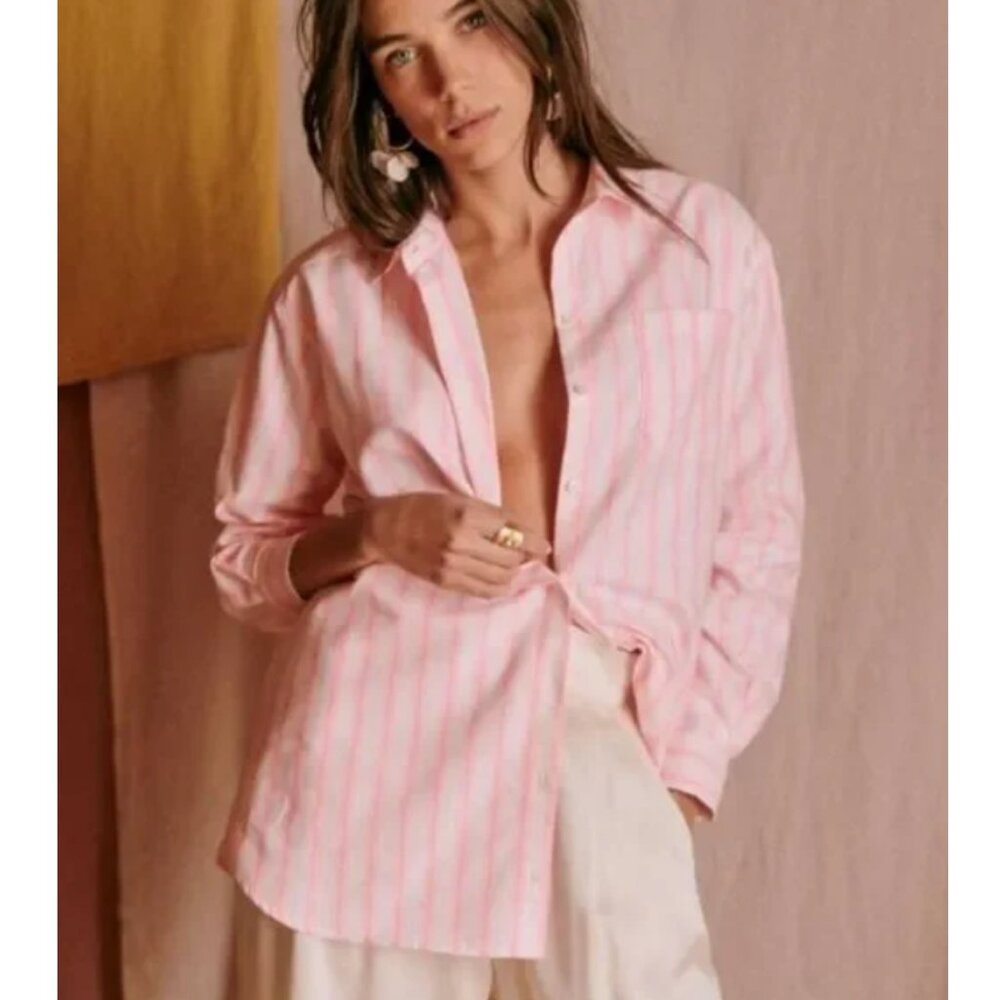 Sezane Pink White Striped Max Shirt, FR Size 34